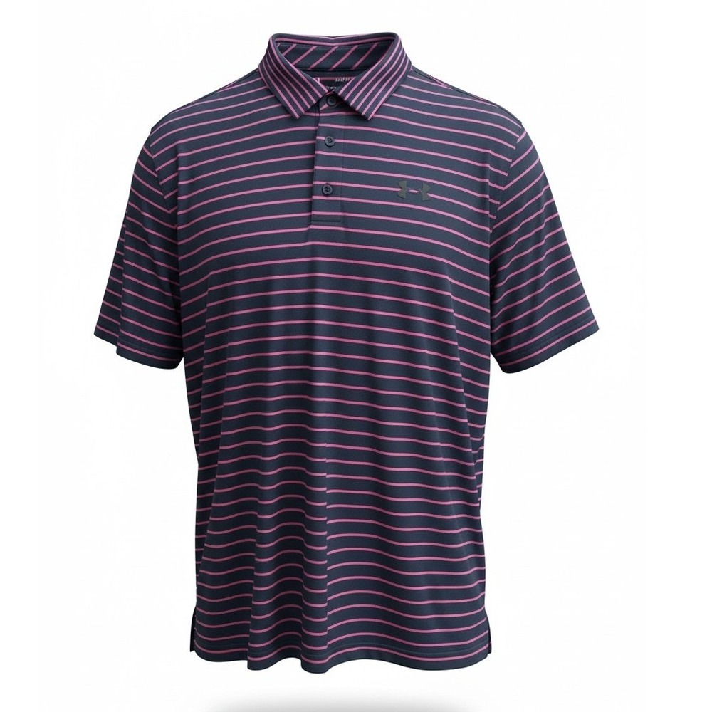 Under Armour Men XL Playoff Polo Shirt Navy Blue Pink Striped Golf Loose Fit